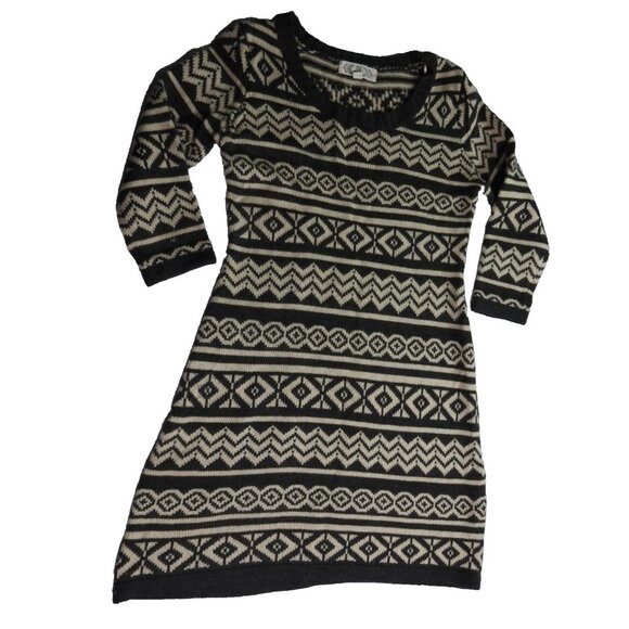 Pink Rose Sweater Dress Small Gray Black White Geometric Aztec Fair Isle Knit - Picture 2 of 8